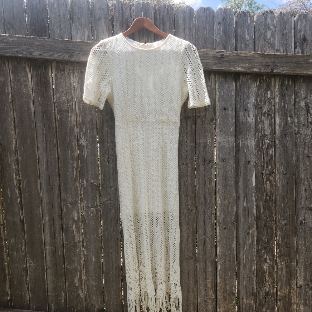 Boho Cottagecore J.O.A. Crotchet Fringe Hem Knit Dress